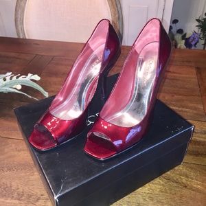 BCBG Burgundy Patent Leather peep toe pumps 7 1/2